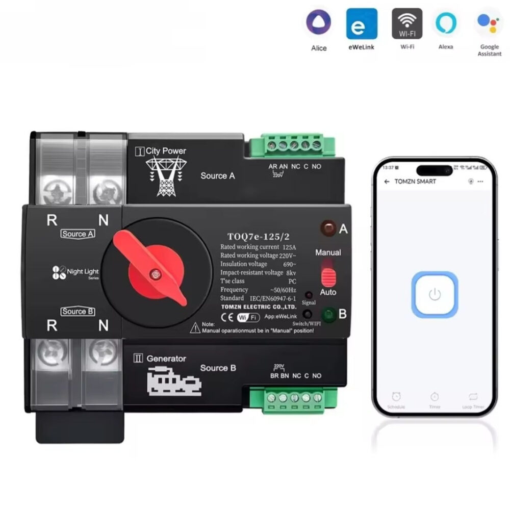 TOMZN TOQ7e-125/2P Automatic Transfer Switch 125A | Dual Power Changeover with WiFi Control
